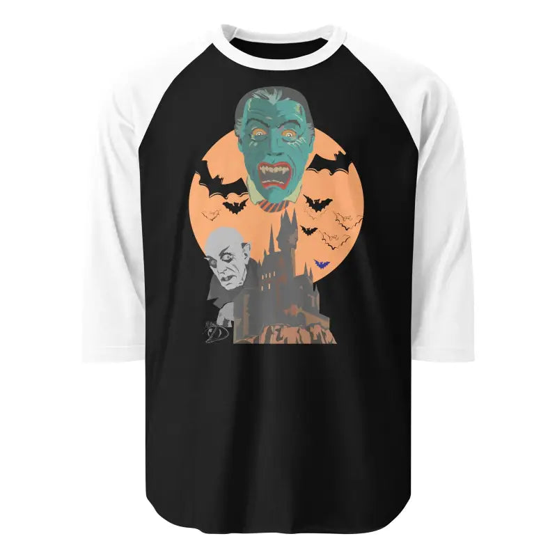 Black and white baseball raglan sleeve shirt featuring vintage Halloween monster design