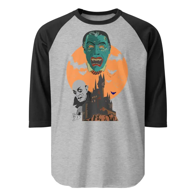 Gray and black baseball raglan sleeve shirt with a vintage Halloween monster design