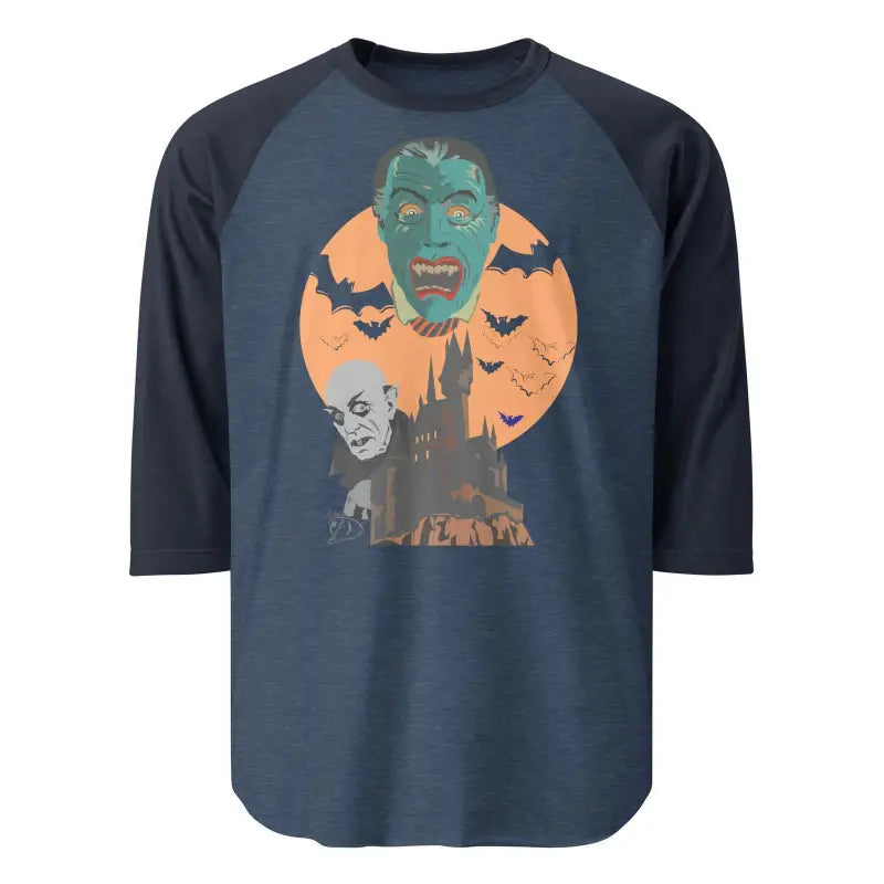 Navy blue classic baseball raglan sleeve shirt with vintage Halloween monster design