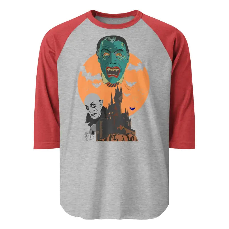 Red and gray baseball raglan sleeve shirt featuring vintage horror movie monster design