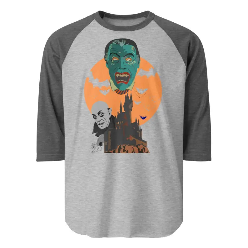 Gray and charcoal baseball raglan sleeve shirt featuring vintage horror monster design