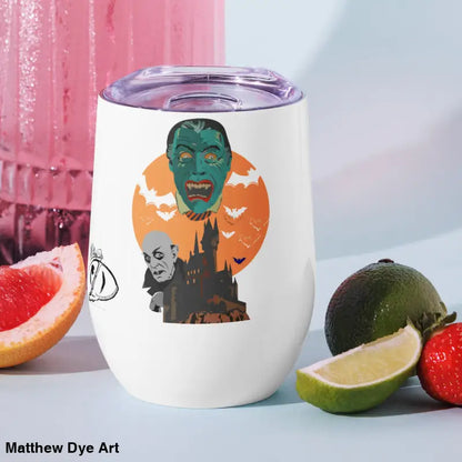 White stainless steel wine tumbler featuring a monster graphic for Halloween enthusiasts