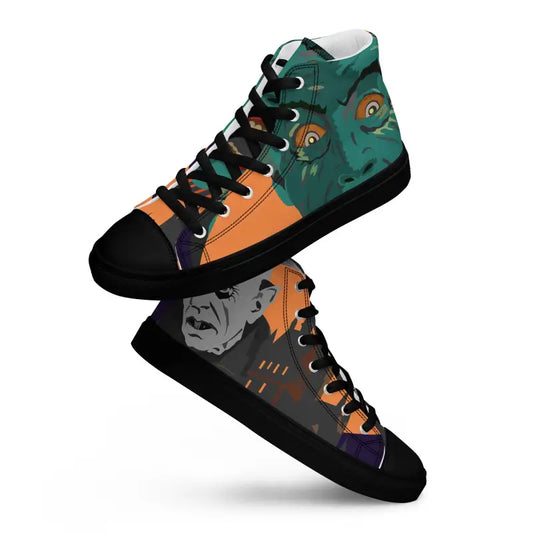 High-top sneakers with Matthew Dye art featuring whimsical dinosaur designs in Halloween colors