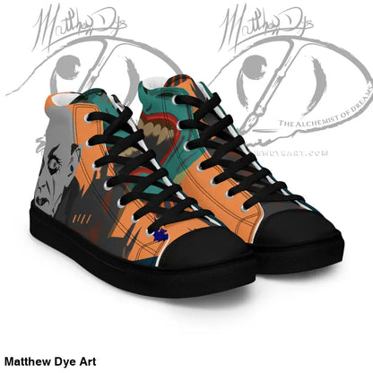 High-top sneakers with Matthew Dye art featuring vintage Halloween designs in teal and orange