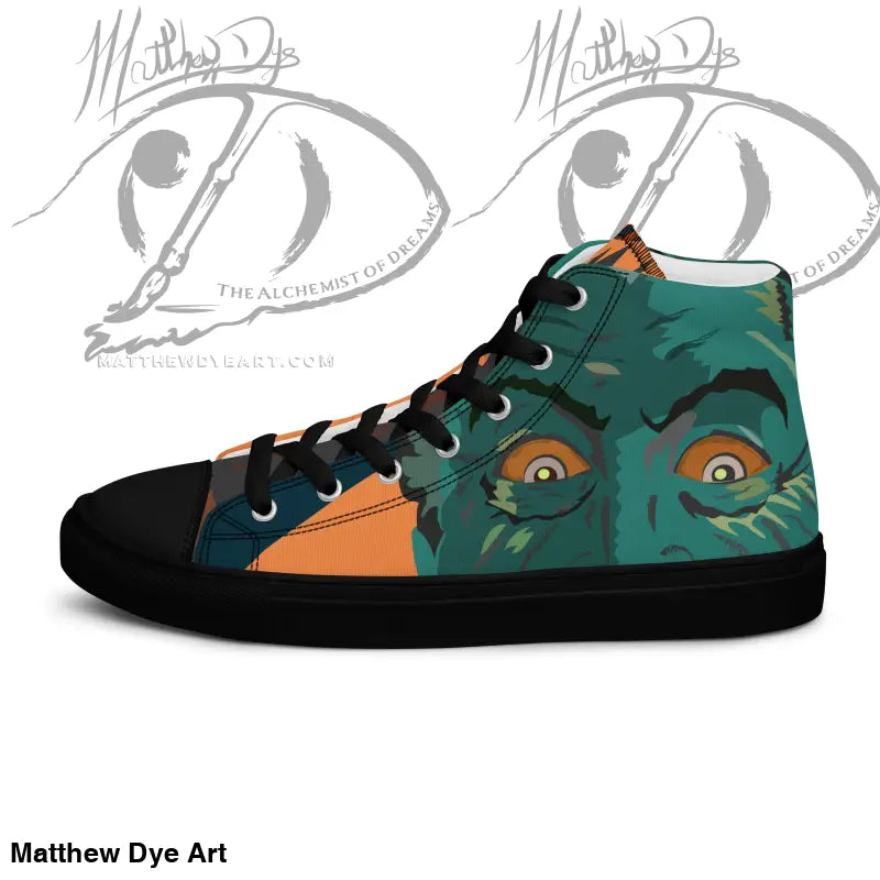 High-top sneaker featuring Green Monster face design inspired by Matthew Dye art