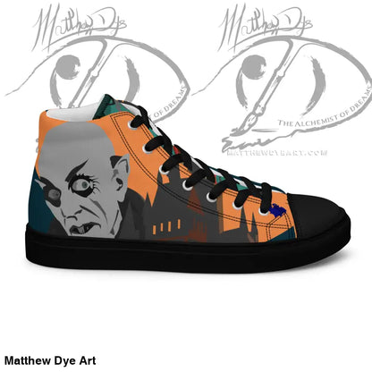 High-top sneaker with Matthew Dye art in orange, black, and gray featuring vintage Halloween designs