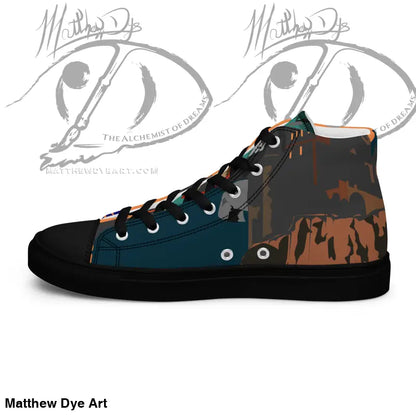 High-top sneaker featuring dark camouflage pattern and Matthew Dye art for vintage Halloween designs
