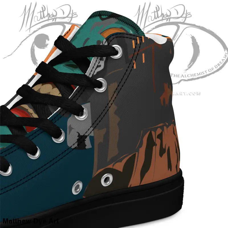 High-top sneakers featuring Matthew Dye art in teal, brown, and orange vintage Halloween designs