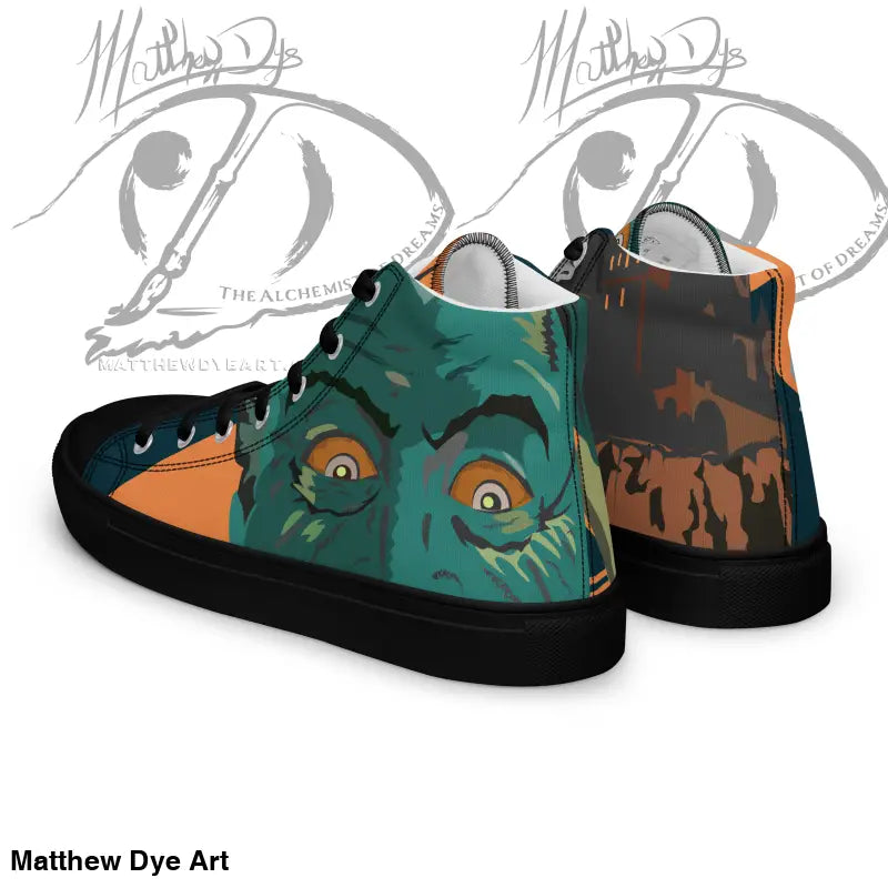 High-top sneakers featuring Matthew Dye art with whimsical monsters and vintage Halloween designs
