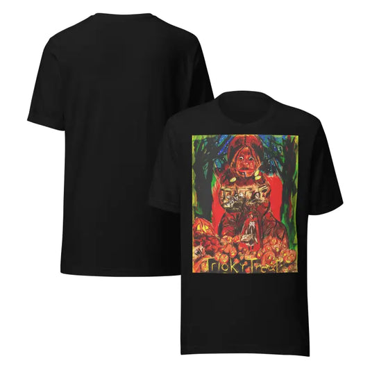 Two black Nightmare Trickster unisex Halloween art t-shirts for trick r treat enthusiasts