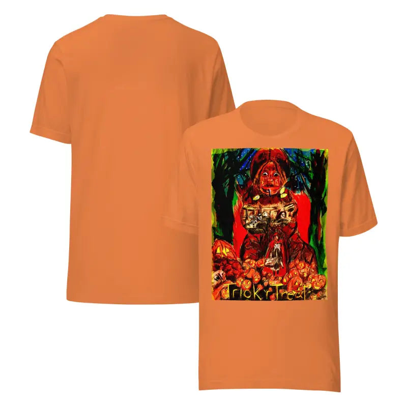 Orange unisex Halloween t-shirt featuring a fun Trick R Treat graphic design