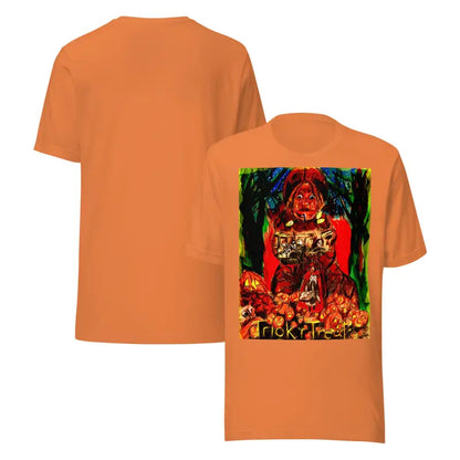 Orange unisex Halloween t-shirt featuring a fun Trick R Treat graphic design