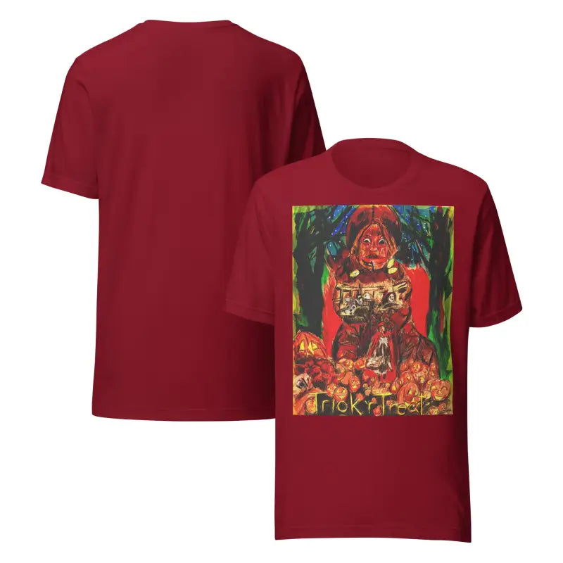 Maroon unisex Halloween t-shirts featuring a Trick R Treat graphic design