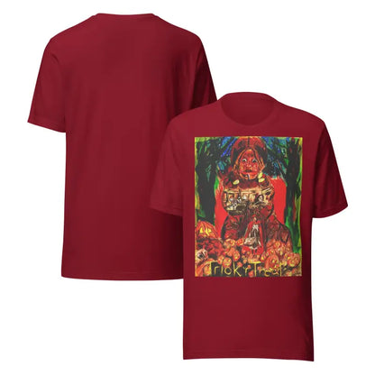 Maroon unisex Halloween t-shirts featuring a Trick R Treat graphic design