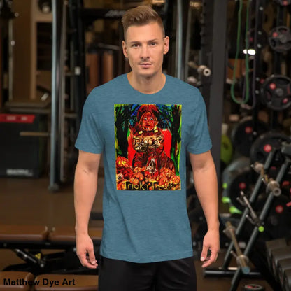 Blue unisex Halloween t-shirt featuring a Trick R Treat graphic design