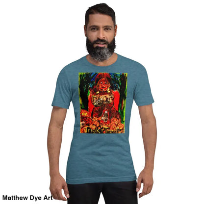 Blue unisex Halloween t-shirt featuring a Trick R Treat graphic design