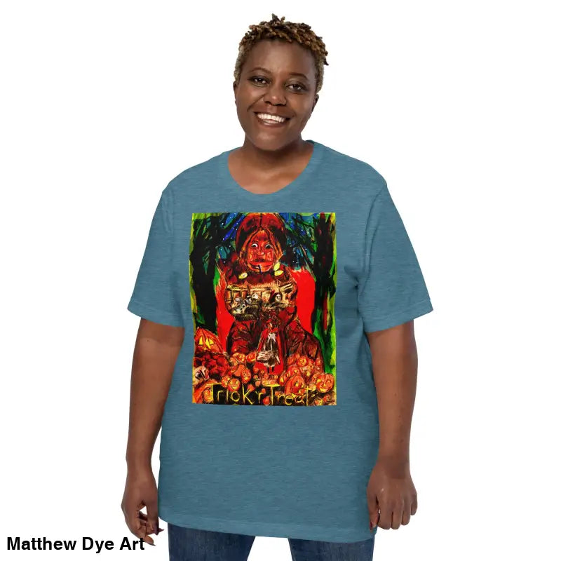 Blue unisex Halloween t-shirt featuring a Trick R Treat graphic design