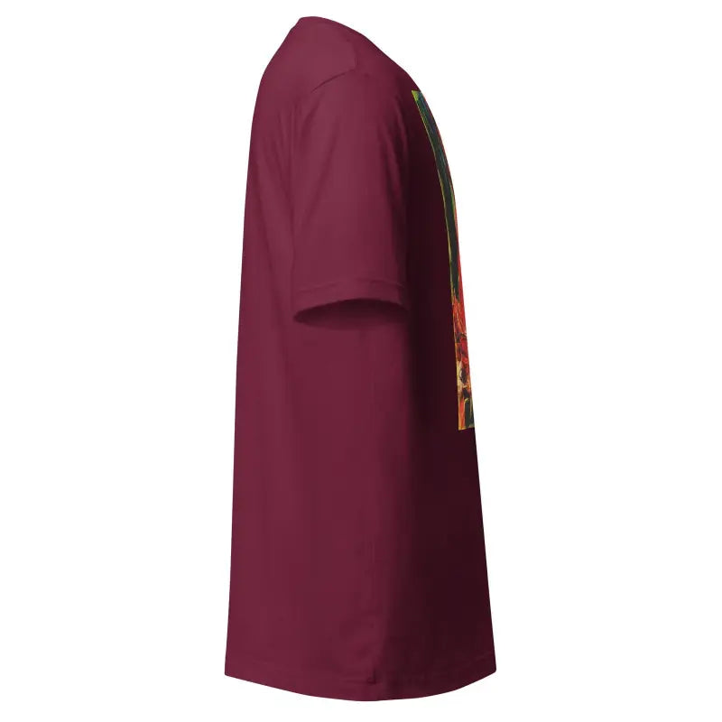 Side view of a Burgundy unisex t-shirt for Trick R Treat Halloween design