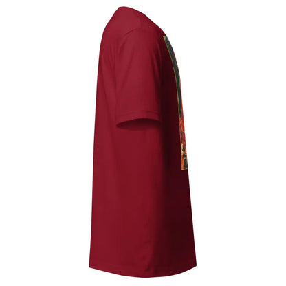 Burgundy red unisex t-shirt side view for Trick R Treat Halloween themed attire