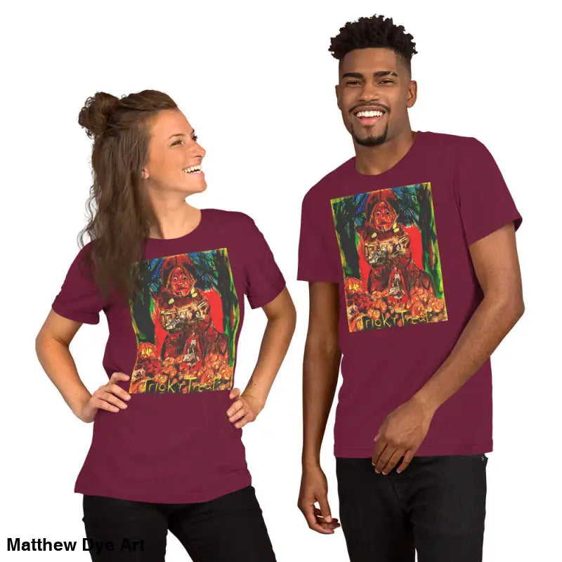 Burgundy unisex t-shirts featuring colorful graphic for Halloween Trick or Treat events