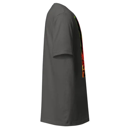 Dark gray unisex t-shirt with red accents for Trick R Treat Halloween, side view