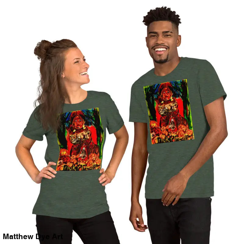 Matching graphic t-shirts featuring the Nightmare Trickster design for unisex Halloween wear
