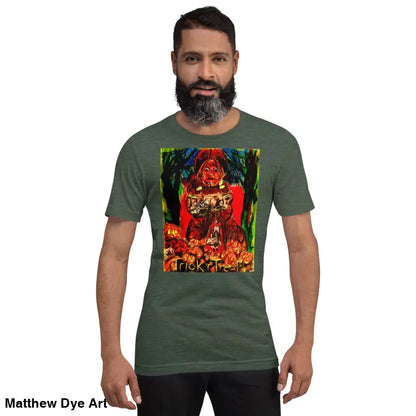 Green unisex Halloween art tee featuring a Trick R Treat graphic design