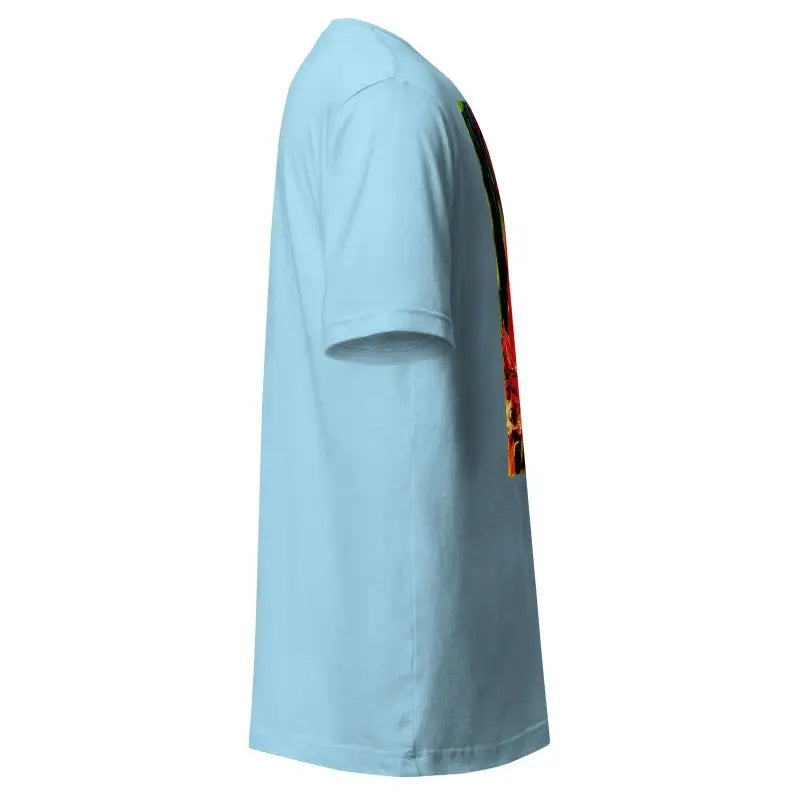 Light blue unisex t-shirt side view featuring short sleeves, ideal for Trick R Treat Halloween
