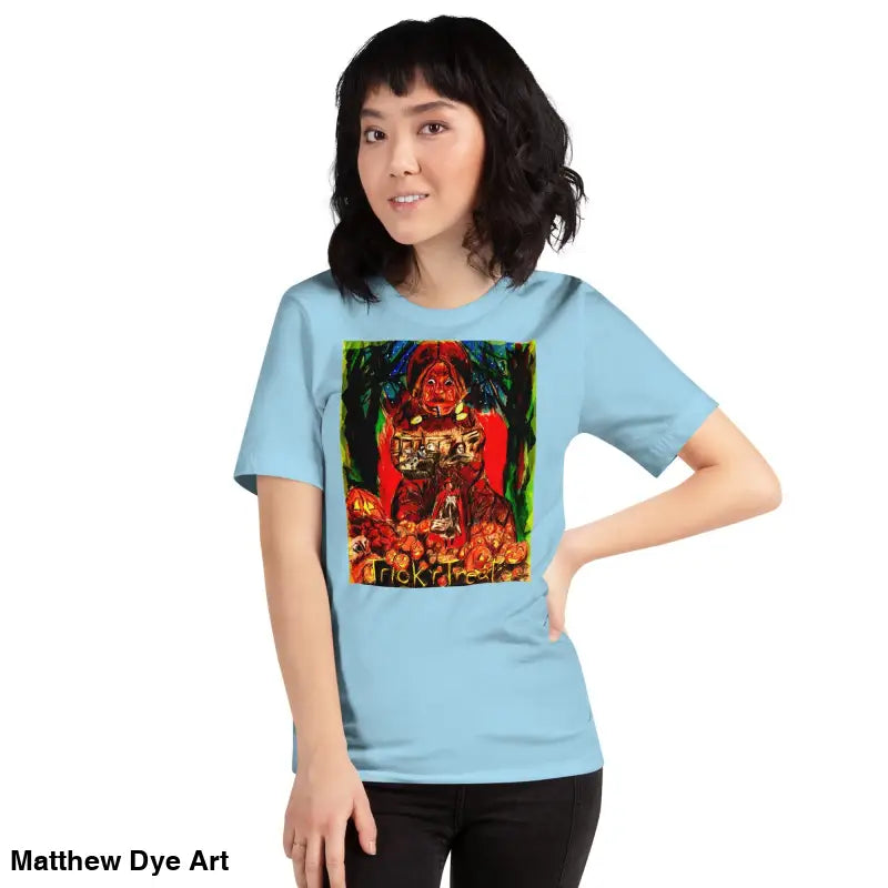 Light blue unisex Halloween t-shirt featuring a Trick R Treat graphic design