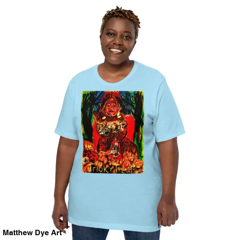 Light blue unisex Halloween t-shirt featuring a Trick R Treat graphic design