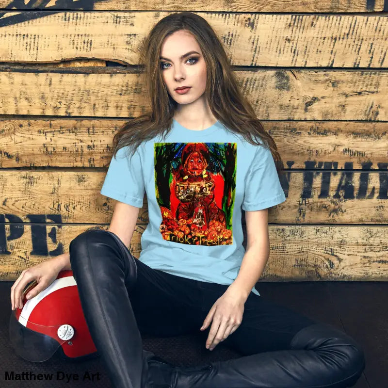 Light blue unisex Halloween t-shirt featuring a colorful graphic for Trick R Treat