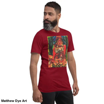 Maroon unisex Halloween art tee featuring a colorful graphic of Nightmare Trickster