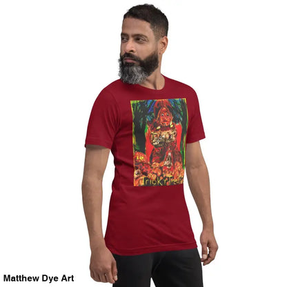 Maroon unisex Halloween art tee featuring a colorful graphic of Nightmare Trickster