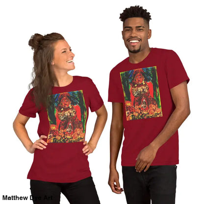 Matching maroon unisex t-shirts for Halloween featuring Nightmare Trickster design