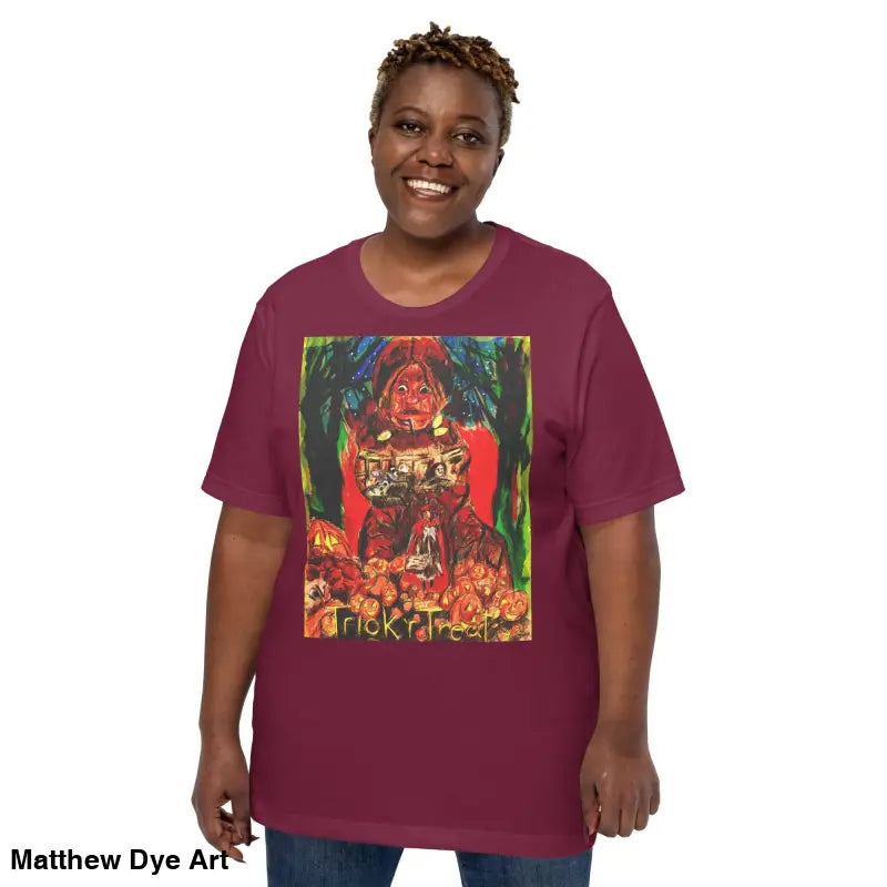 Maroon unisex Halloween t-shirt featuring a Trick R Treat graphic design