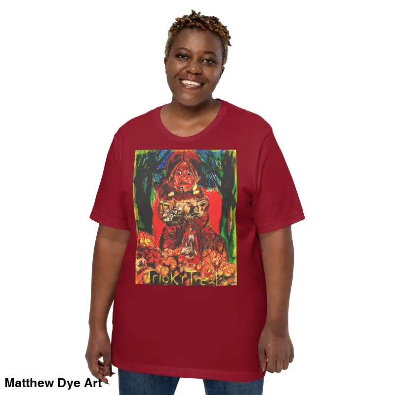 Maroon unisex Halloween t-shirt featuring a Trick R Treat graphic design