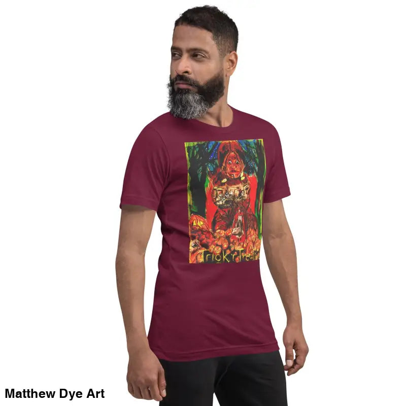Maroon unisex Halloween t-shirt featuring a trick r treat graphic design