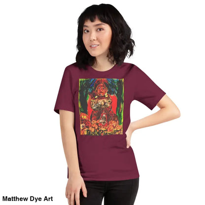 Maroon Nightmare Trickster unisex Halloween t-shirt featuring trick r treat design