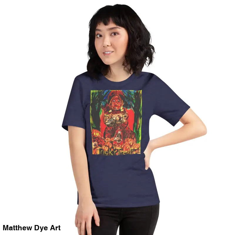Navy blue unisex Halloween t-shirt featuring Nightmare Trickster graphic design