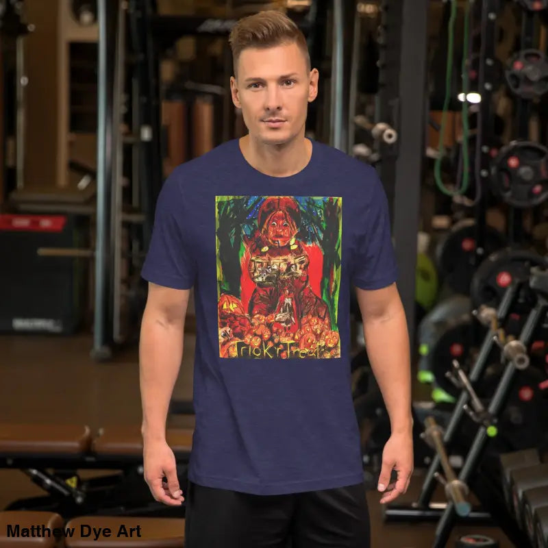 Navy blue unisex Halloween t-shirt featuring a Trick R Treat graphic design