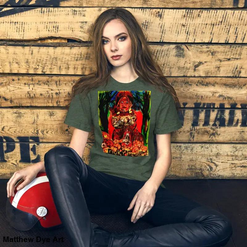 Olive green unisex Halloween art tee featuring colorful Nightmare Trickster graphic