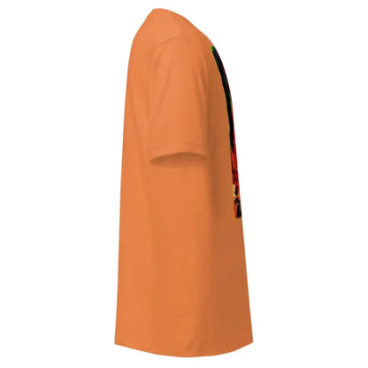 Side view of an orange unisex t-shirt featuring Whimsical Horror for Halloween