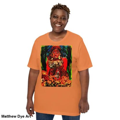 Orange unisex Halloween t-shirt featuring a Trick r Treat graphic design