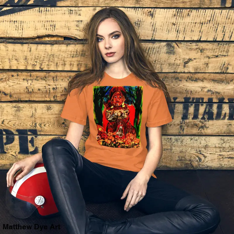 Orange unisex Halloween art tee featuring colorful graphic for Trick R Treat celebrations