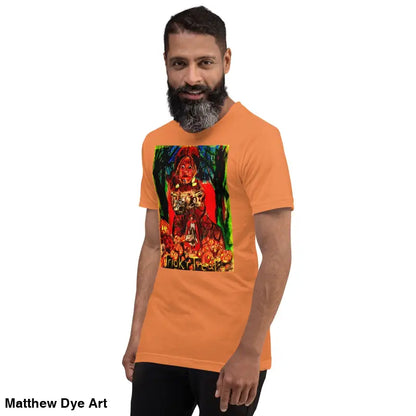 Orange unisex Halloween Art Tee featuring a colorful graphic of the Nightmare Trickster