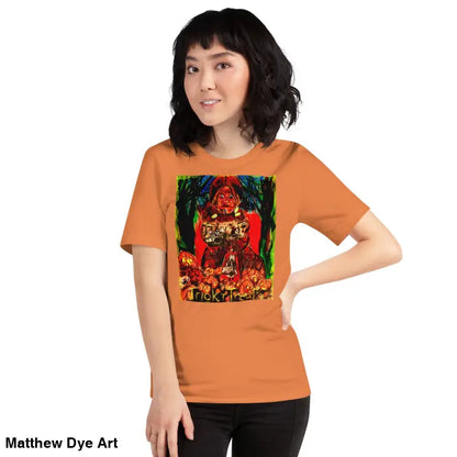 Unisex Halloween T-shirt featuring a graphic for Trick R Treat in vibrant orange