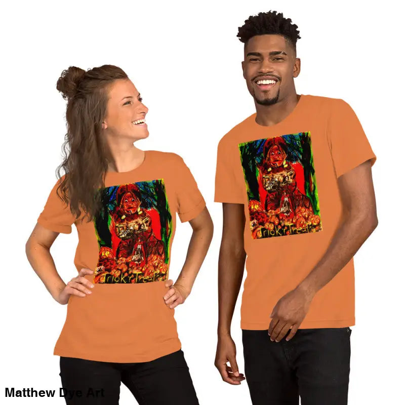 Matching orange unisex t-shirts featuring Nightmare Trickster for Halloween trick or treat