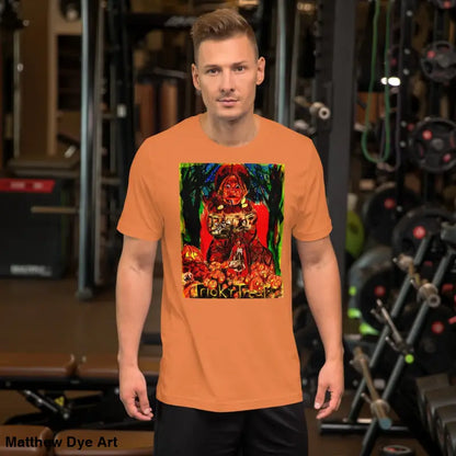 Orange Halloween-themed unisex t-shirt featuring Nightmare Trickster design for trick r treat
