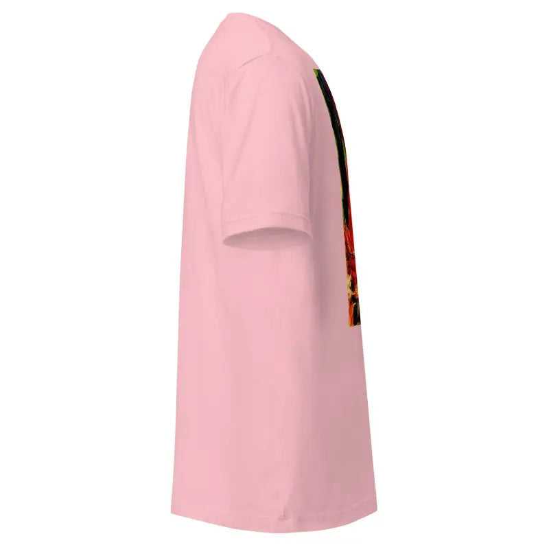Pink unisex t-shirt side view featuring whimsical horror design for Trick R Treat Halloween