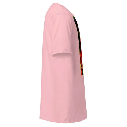 Pink unisex t-shirt side view featuring whimsical horror design for Trick R Treat Halloween